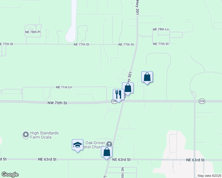 map of restaurants, bars, coffee shops, grocery stores, and more near 1643 Northeast 71st Street in Ocala