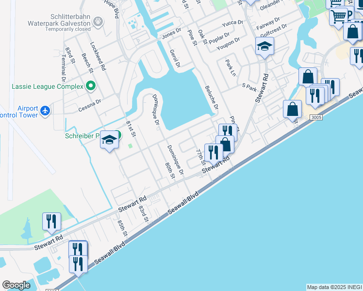 map of restaurants, bars, coffee shops, grocery stores, and more near 7754 Beaudelaire Circle in Galveston