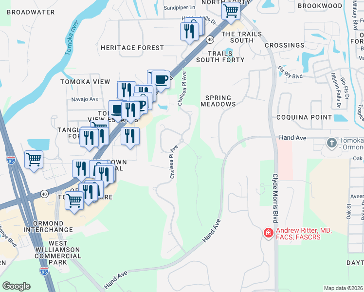 map of restaurants, bars, coffee shops, grocery stores, and more near 308 Nottinghill Street in Ormond Beach