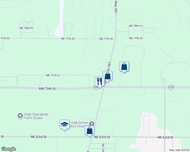 map of restaurants, bars, coffee shops, grocery stores, and more near Northeast 17th Court in Ocala