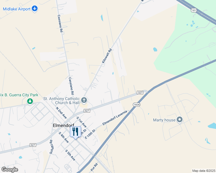 map of restaurants, bars, coffee shops, grocery stores, and more near 8315 County Road in Elmendorf
