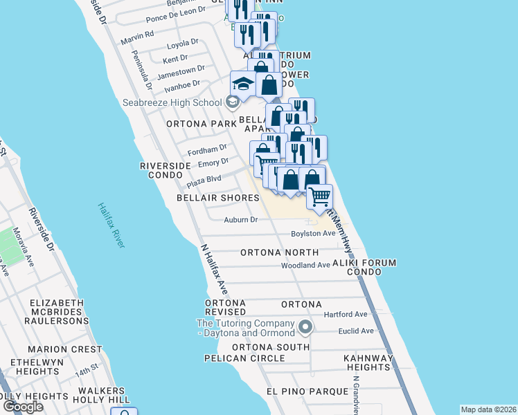 map of restaurants, bars, coffee shops, grocery stores, and more near 2595 North Atlantic Avenue in Daytona Beach