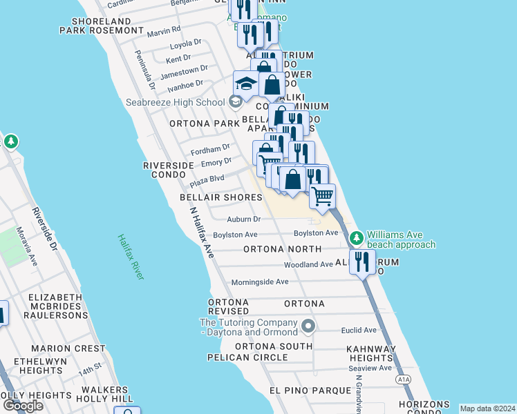 map of restaurants, bars, coffee shops, grocery stores, and more near 2550 Tulane Avenue in Daytona Beach