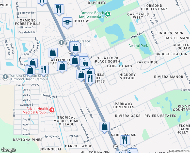 map of restaurants, bars, coffee shops, grocery stores, and more near 501 Bryant Street in Ormond Beach