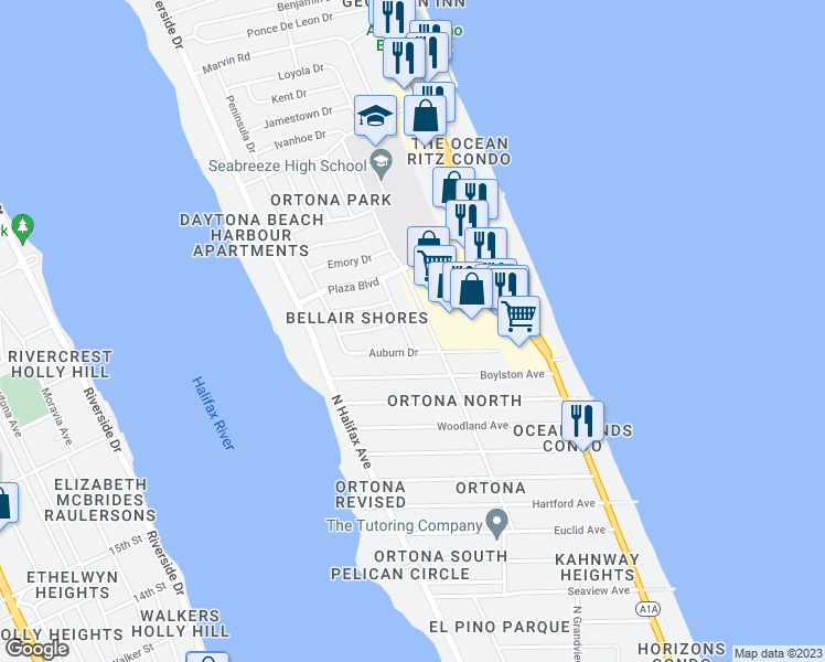 map of restaurants, bars, coffee shops, grocery stores, and more near 2550 Tulane Avenue in Daytona Beach