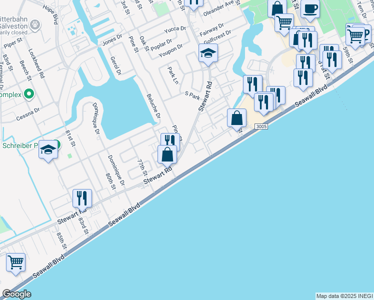 map of restaurants, bars, coffee shops, grocery stores, and more near 7301 Stewart Road in Galveston