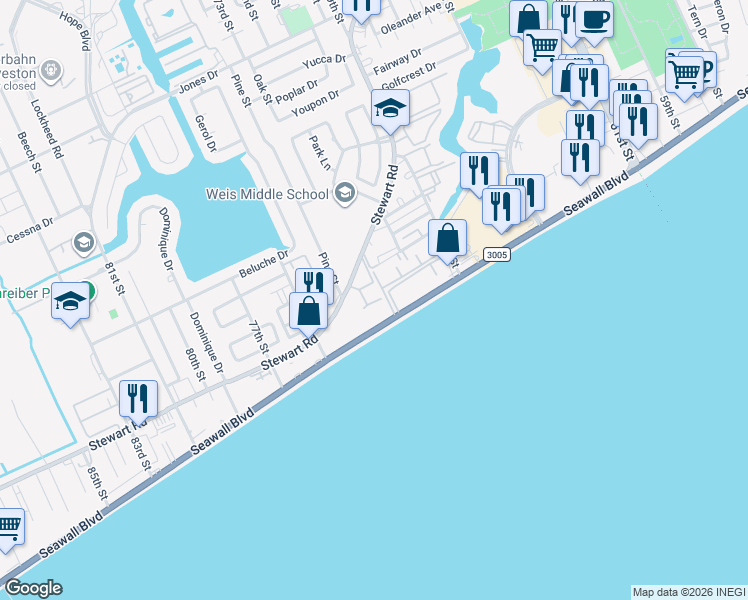 map of restaurants, bars, coffee shops, grocery stores, and more near 7301 Stewart Road in Galveston