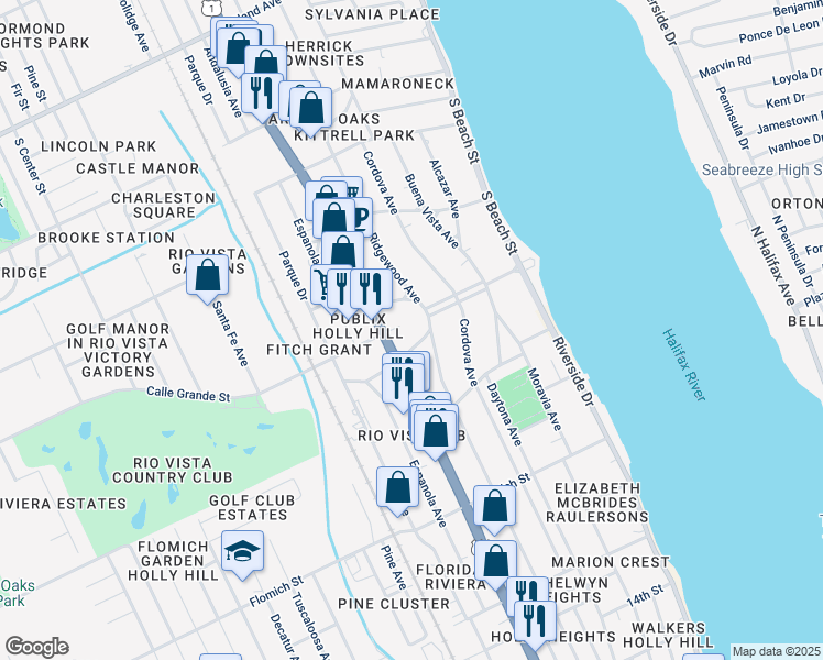 map of restaurants, bars, coffee shops, grocery stores, and more near 1825 Ridgewood Avenue in Holly Hill