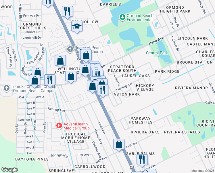 map of restaurants, bars, coffee shops, grocery stores, and more near 501 Bryant Street in Ormond Beach