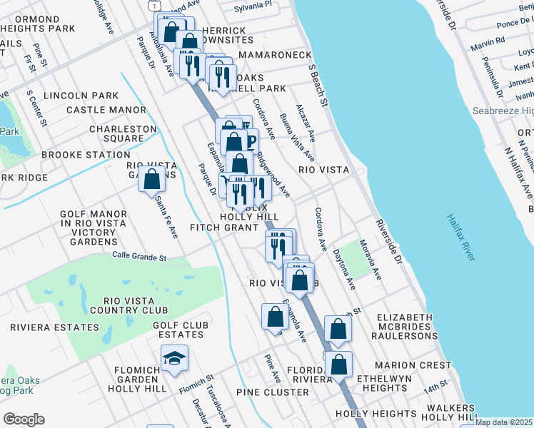 map of restaurants, bars, coffee shops, grocery stores, and more near 1825 Ridgewood Avenue in Holly Hill
