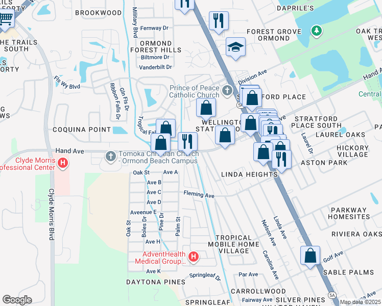 map of restaurants, bars, coffee shops, grocery stores, and more near 21 Shangri Lane Drive in Ormond Beach