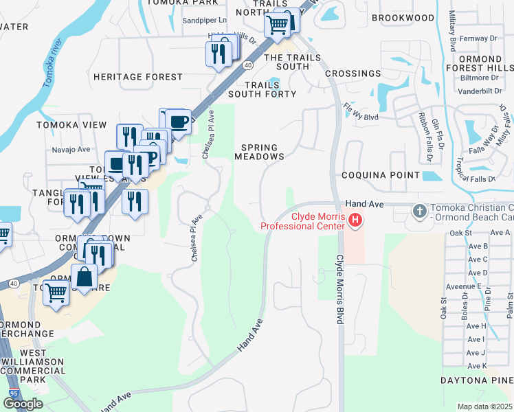 map of restaurants, bars, coffee shops, grocery stores, and more near 67 Spring Meadows Drive in Ormond Beach