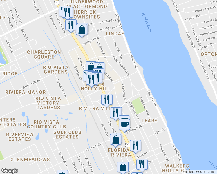 map of restaurants, bars, coffee shops, grocery stores, and more near 1829 Ridgewood Avenue in Holly Hill