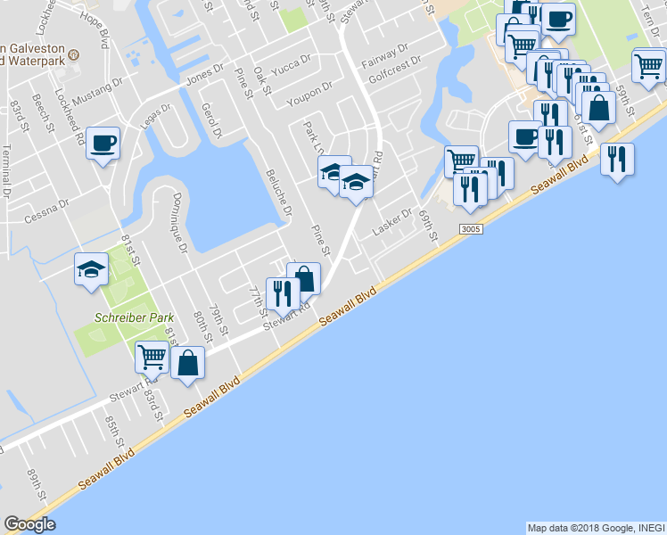 map of restaurants, bars, coffee shops, grocery stores, and more near 3398 Pine Street in Galveston