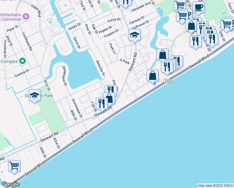 map of restaurants, bars, coffee shops, grocery stores, and more near 7302 Stewart Road in Galveston