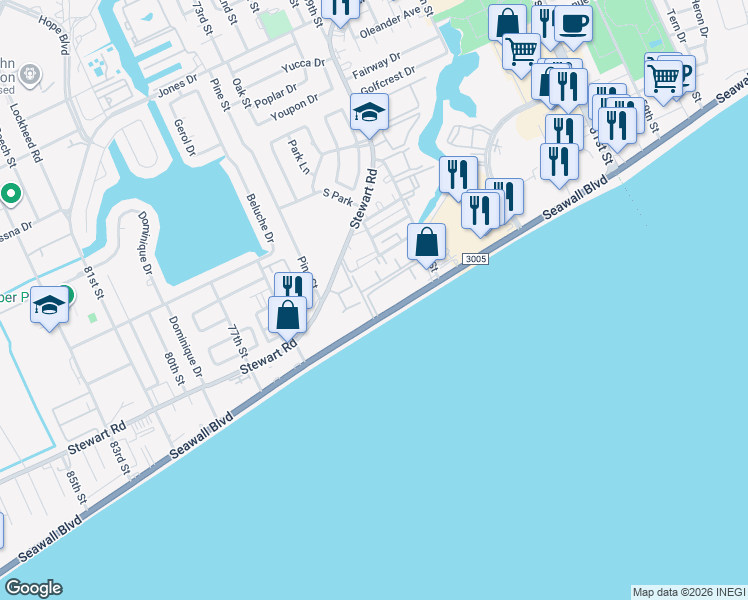 map of restaurants, bars, coffee shops, grocery stores, and more near 7000 Seawall Boulevard in Galveston