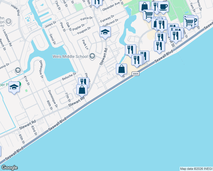 map of restaurants, bars, coffee shops, grocery stores, and more near 7000 Seawall Boulevard in Galveston