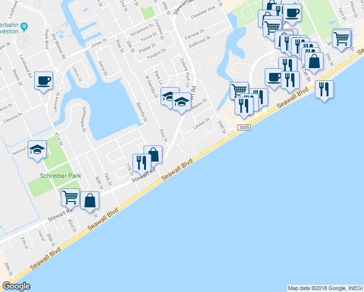 map of restaurants, bars, coffee shops, grocery stores, and more near 7301 Stewart Road in Galveston