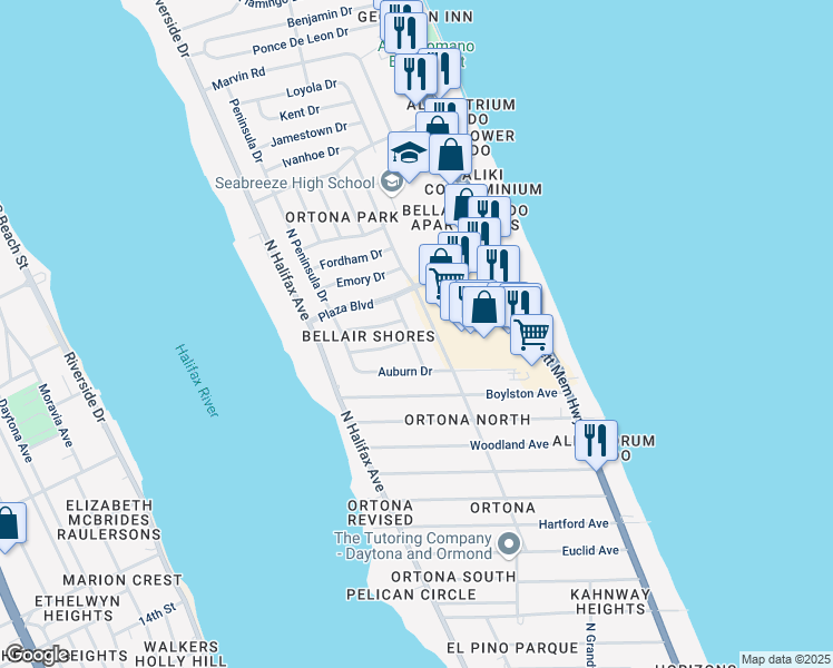 map of restaurants, bars, coffee shops, grocery stores, and more near 2550 Tulane Avenue in Daytona Beach