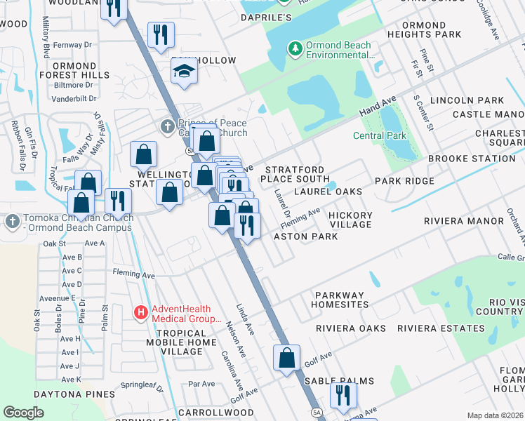 map of restaurants, bars, coffee shops, grocery stores, and more near 501 Bryant Street in Ormond Beach