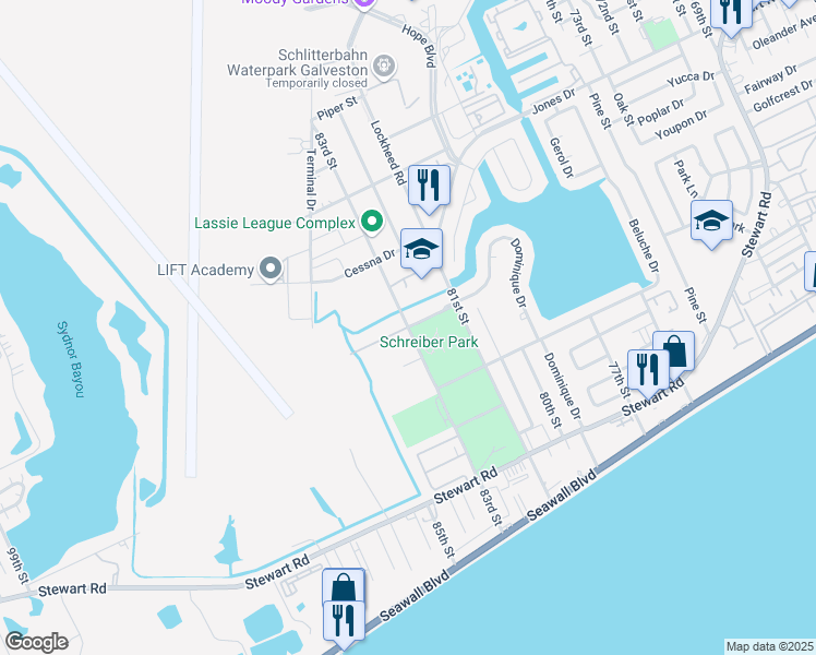 map of restaurants, bars, coffee shops, grocery stores, and more near 2801 83rd Street in Galveston