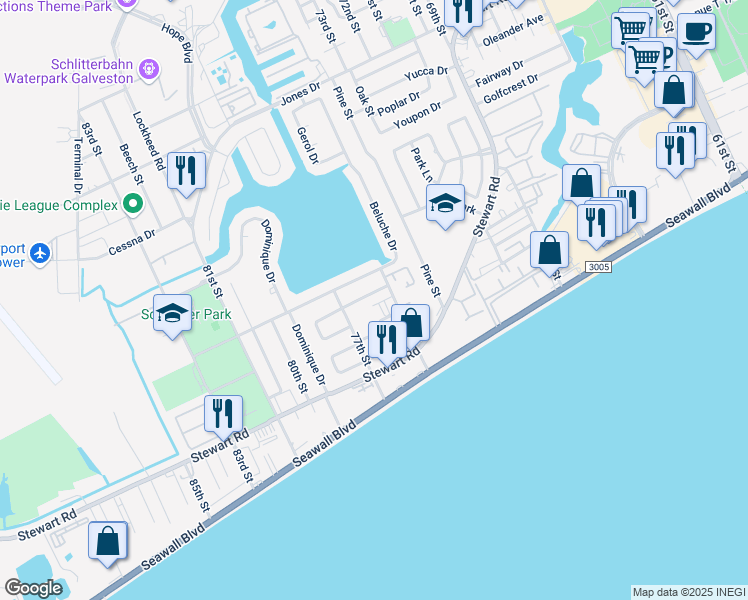 map of restaurants, bars, coffee shops, grocery stores, and more near 7523 Beaudelaire Circle in Galveston