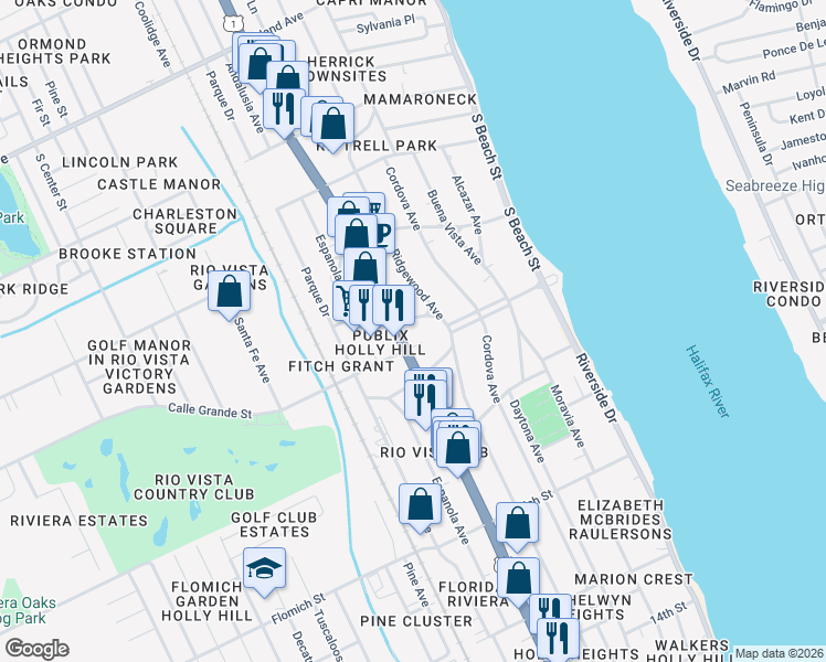 map of restaurants, bars, coffee shops, grocery stores, and more near 1829 Ridgewood Avenue in Holly Hill