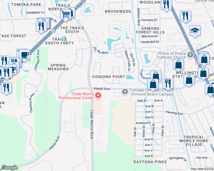 map of restaurants, bars, coffee shops, grocery stores, and more near 22 Coquina Point Drive in Ormond Beach