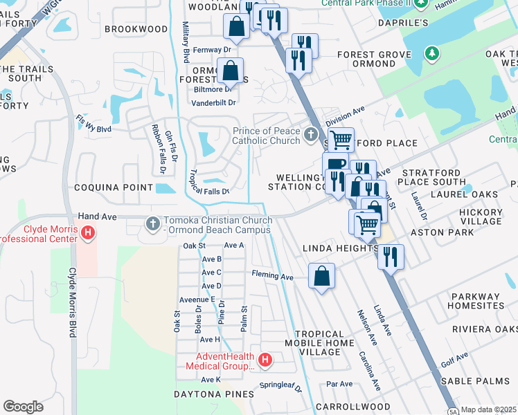 map of restaurants, bars, coffee shops, grocery stores, and more near 21 Shangri Lane Drive in Ormond Beach
