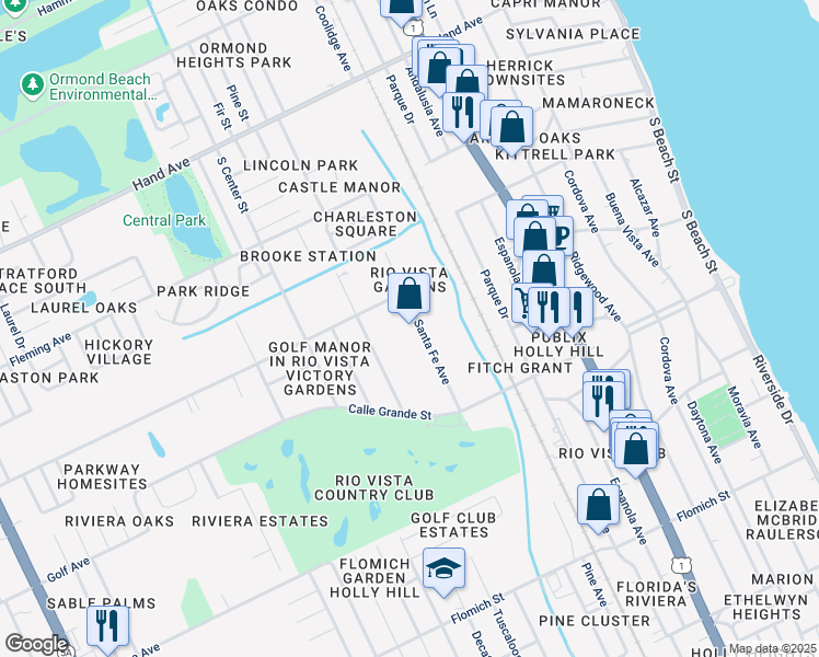 map of restaurants, bars, coffee shops, grocery stores, and more near 722 Santa Fe Avenue in Ormond Beach