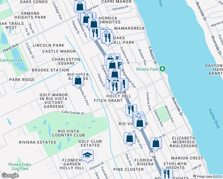 map of restaurants, bars, coffee shops, grocery stores, and more near 1852 Ridgewood Avenue in Ormond Beach