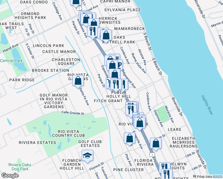 map of restaurants, bars, coffee shops, grocery stores, and more near 1852 Ridgewood Avenue in Ormond Beach