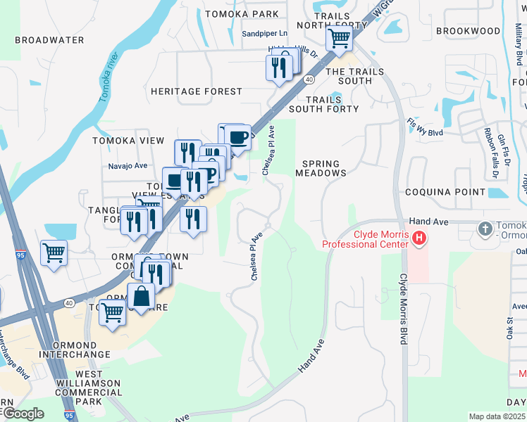 map of restaurants, bars, coffee shops, grocery stores, and more near 304 Chesham Street in Ormond Beach