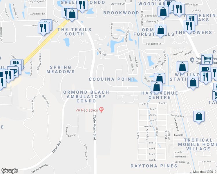 map of restaurants, bars, coffee shops, grocery stores, and more near 22 Coquina Point Drive in Ormond Beach