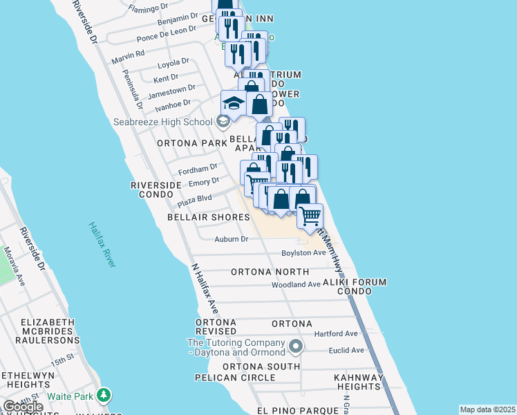 map of restaurants, bars, coffee shops, grocery stores, and more near 2595 North Atlantic Avenue in Daytona Beach