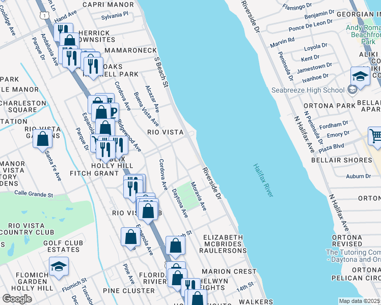 map of restaurants, bars, coffee shops, grocery stores, and more near 926 South Beach Street in Ormond Beach