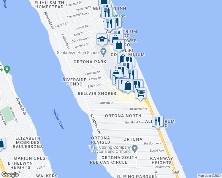 map of restaurants, bars, coffee shops, grocery stores, and more near 2550 Tulane Avenue in Daytona Beach