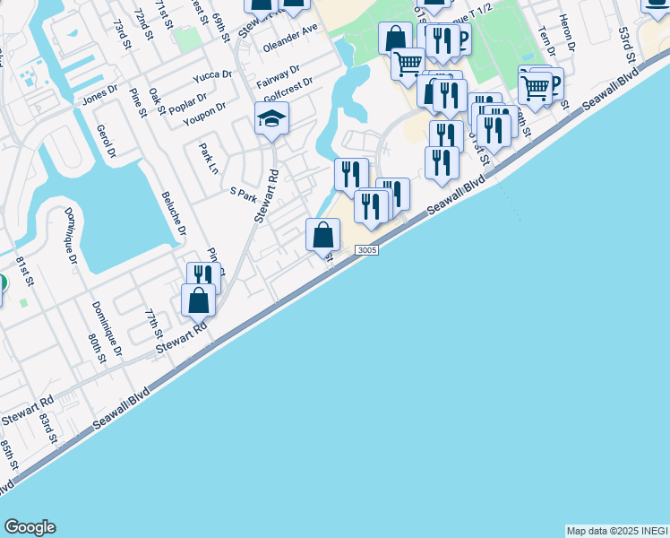 map of restaurants, bars, coffee shops, grocery stores, and more near 3230 69th Street in Galveston