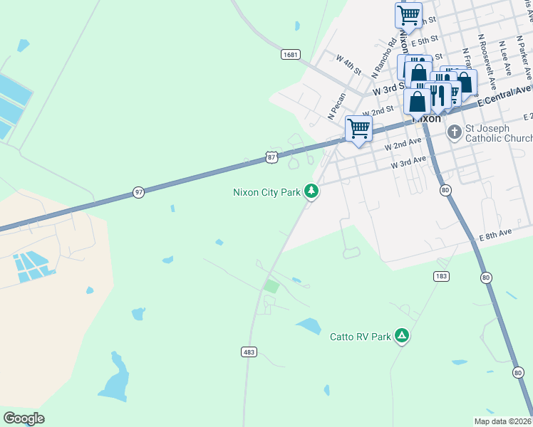 map of restaurants, bars, coffee shops, grocery stores, and more near 384 County Road 483 in Nixon