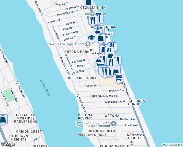map of restaurants, bars, coffee shops, grocery stores, and more near 2550 Tulane Avenue in Daytona Beach