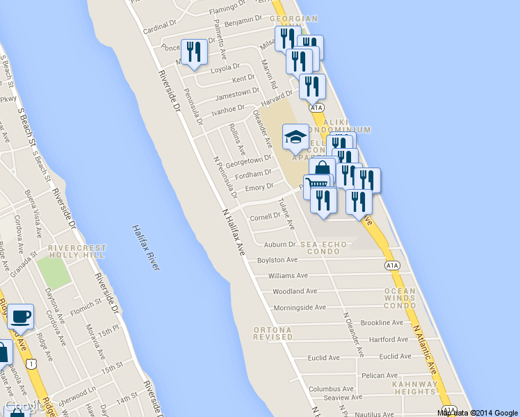 map of restaurants, bars, coffee shops, grocery stores, and more near 322 Plaza Boulevard in Daytona Beach