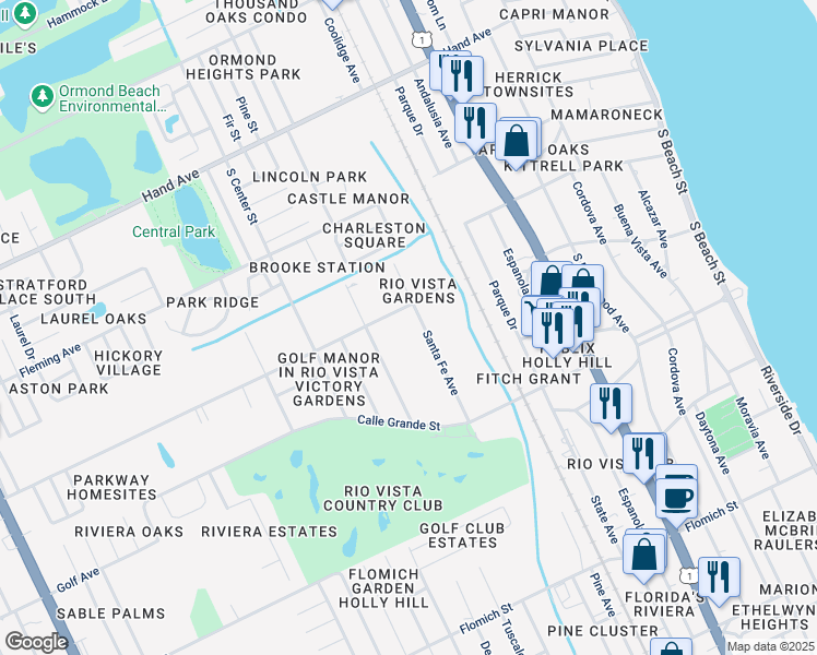 map of restaurants, bars, coffee shops, grocery stores, and more near 722 Santa Fe Avenue in Ormond Beach