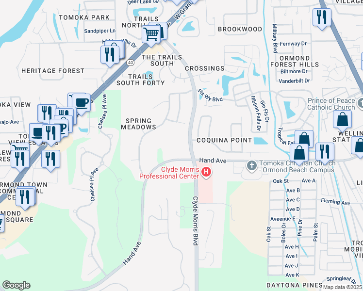 map of restaurants, bars, coffee shops, grocery stores, and more near 2 China Moon Drive in Ormond Beach