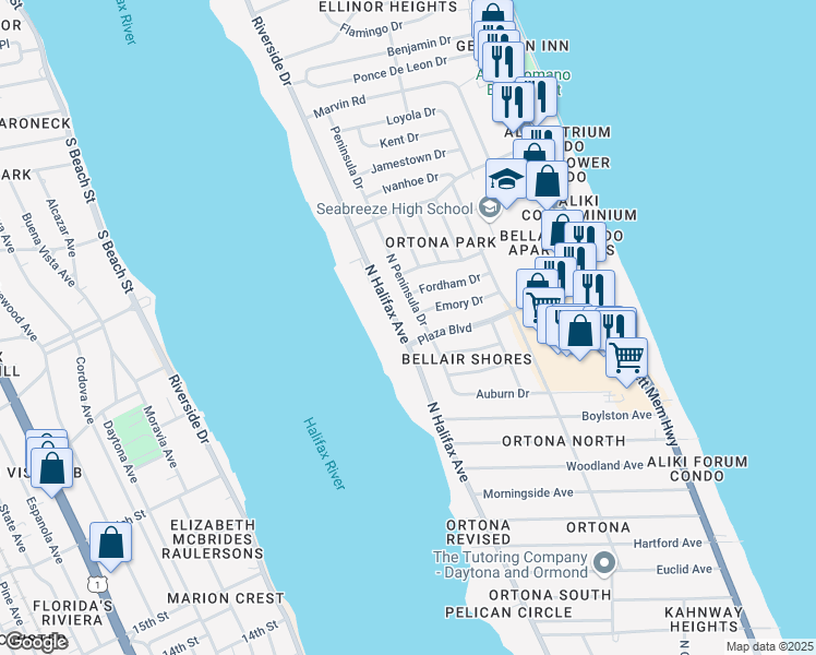map of restaurants, bars, coffee shops, grocery stores, and more near 2712 North Halifax Avenue in Daytona Beach
