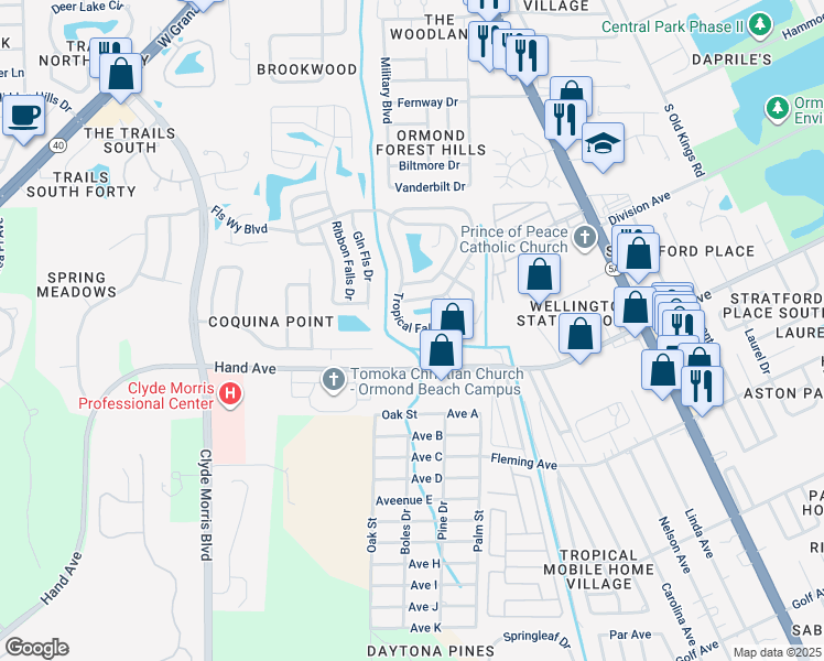 map of restaurants, bars, coffee shops, grocery stores, and more near 116 Misty Falls Drive in Ormond Beach