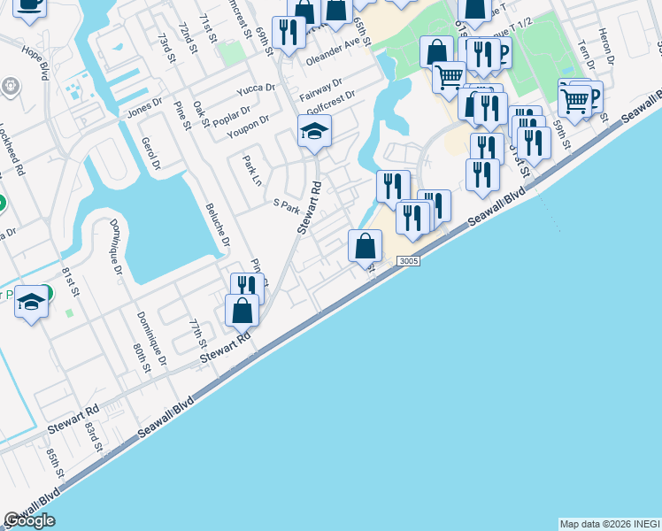 map of restaurants, bars, coffee shops, grocery stores, and more near 7019 Lasker Drive in Galveston