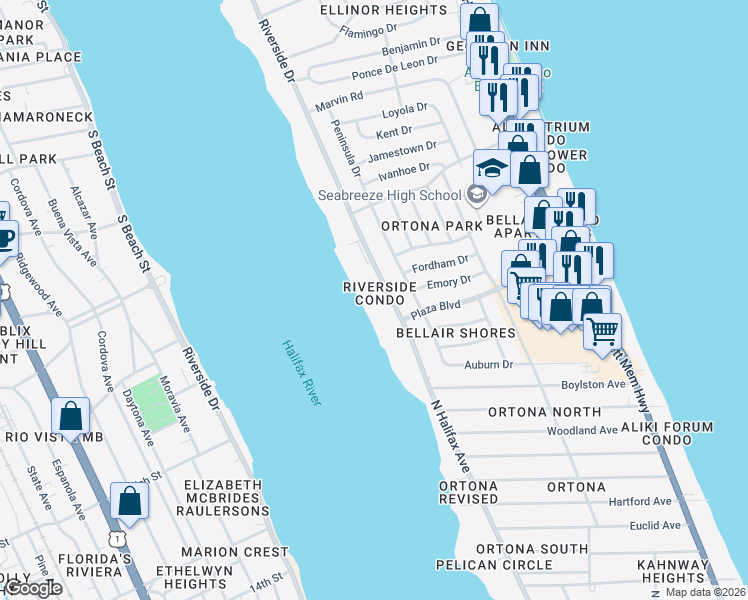 map of restaurants, bars, coffee shops, grocery stores, and more near 2800 North Halifax Avenue in Daytona Beach