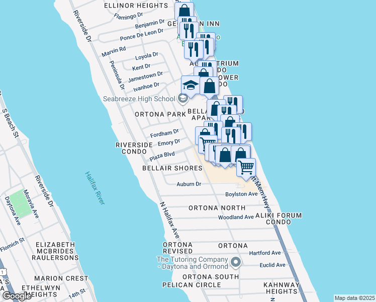map of restaurants, bars, coffee shops, grocery stores, and more near 357 Plaza Boulevard in Daytona Beach