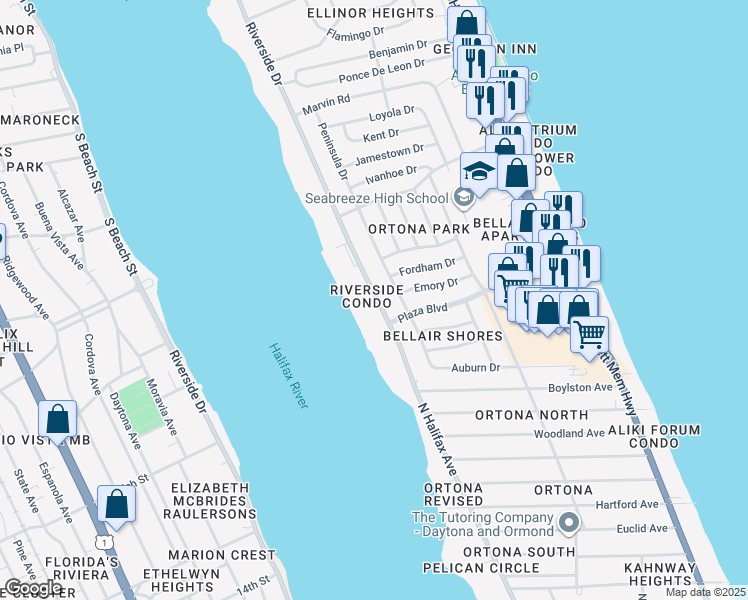 map of restaurants, bars, coffee shops, grocery stores, and more near 2800 North Halifax Avenue in Daytona Beach