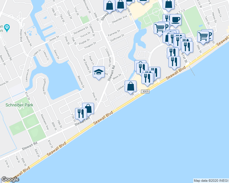map of restaurants, bars, coffee shops, grocery stores, and more near 7011 Lasker Drive in Galveston